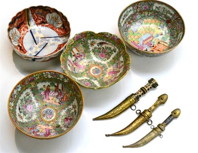 Lot 291 - Three Cantonese bowls, an Imari bowl and three knives