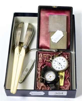 Lot 304 - Two Swiss fob watches, a silver sifter spoon, a pair of silver mounted glove stretchers and two...