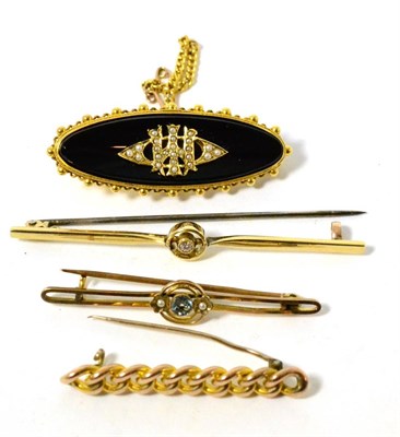 Lot 318 - A single stone diamond set brooch, a Victorian mourning brooch and two other brooches stamped 9c