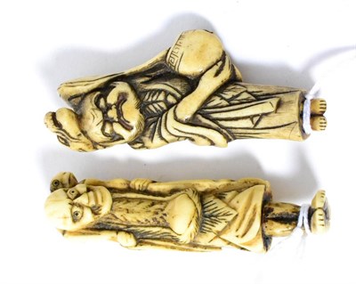 Lot 324 - A Japanese stag's horn netsuke, 19th century, as Gama Sennin standing on one foot, a toad on...