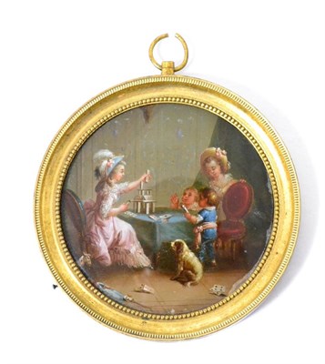 Lot 341 - French school (18th century): miniature interior scene, with mother and children making a...