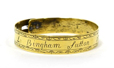 Lot 33 - A George III Brass Dog Collar, inscribed L Bingham Sutton 1772 within engraved leaf borders,...
