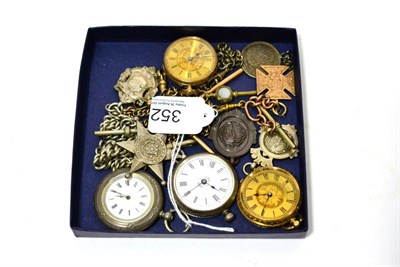 Lot 352 - Four fob watches, a Kimberley Mayors siege medal 1900, silver fobs, etc