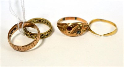 Lot 354 - Two 9ct gold rings, an 18ct gold ring (a.f.) and an eternity ring