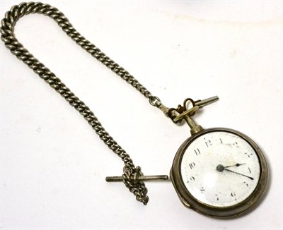 Lot 359 - A silver pair cased pocket watch with albert chain