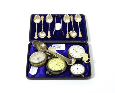 Lot 394 - Silver comprising cased set of teaspoons, four pocket watches etc