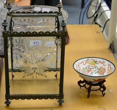 Lot 411 - A brass framed and cut glass hall lantern and a cut crystal vase