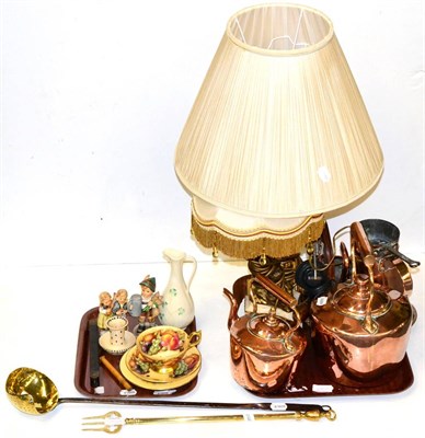 Lot 420 - Two copper kettles, two lamps, copper and brass, Belleek jug, Aynsley trio etc