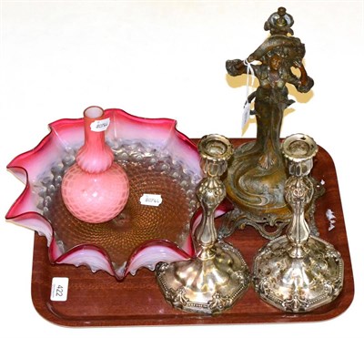 Lot 422 - A French spelter and glass centrepiece, Victorian pink glass vase with a pair of plated...