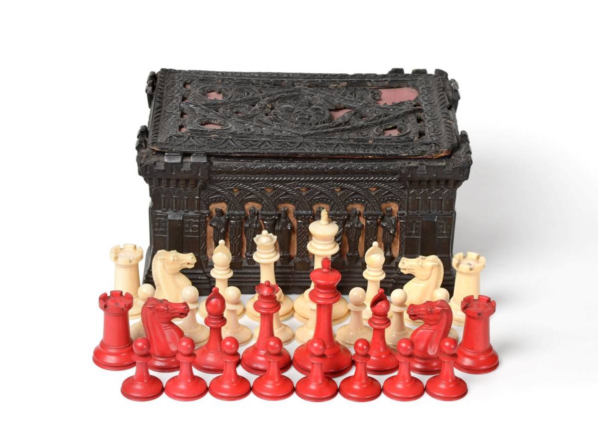 Lot 42 - A Jaques Natural and Red Stained Ivory Staunton Chess Set, 19th century, the white King signed...