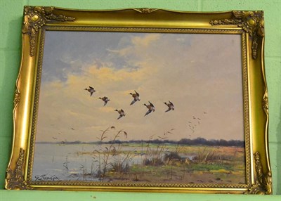 Lot 452 - George Stevens (British 20th century) Ducks in flight above marshes, oil on canvas, signed...