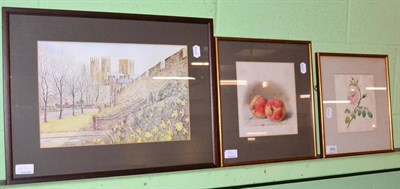 Lot 458 - British School, still life of pink rose, still life of peaches and a print view of York Minster (3)