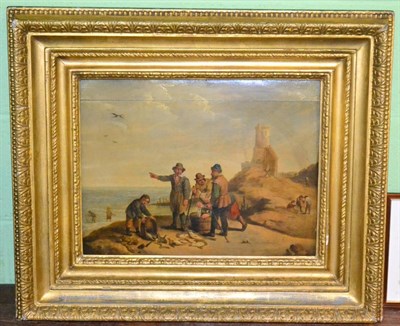 Lot 462 - An oil on board initialled to the corner DT, depicting figures catching fish beside the sea