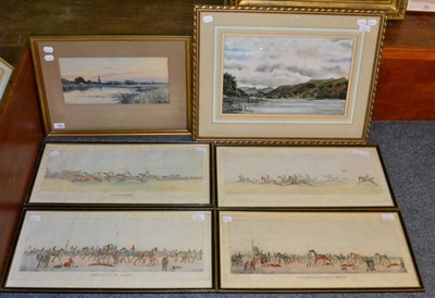 Lot 463 - Fred W Foster ";Derwentwater"; pastel, R Winter river landscape, watercolour, and four racing...