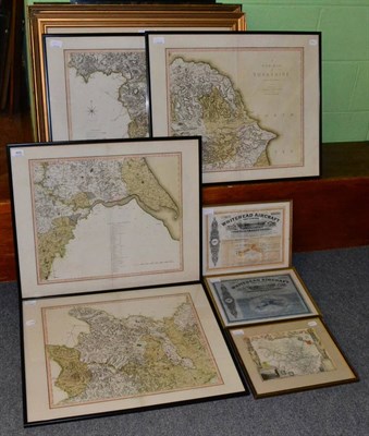 Lot 464 - Four framed maps of Yorkshire, another smaller map and two framed Whitehead Aircraft share...