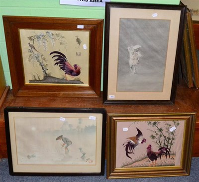 Lot 465 - Watercolour of a Japanese paddy field worker in snow, together with three other Japanese works (4)