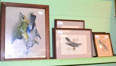 Lot 472 - A pair of embossed card hanging game pictures, a set of six framed ornithological book plates...