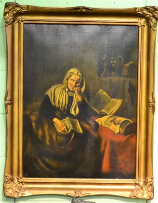 Lot 480 - After N Maes, seated woman reading, oil on canvas