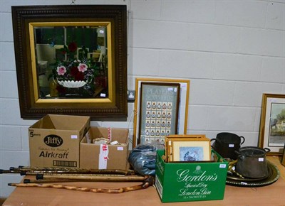 Lot 1006 - An accumulation of teawares, metal wares, walking sticks, prints, framed mirror, costume etc