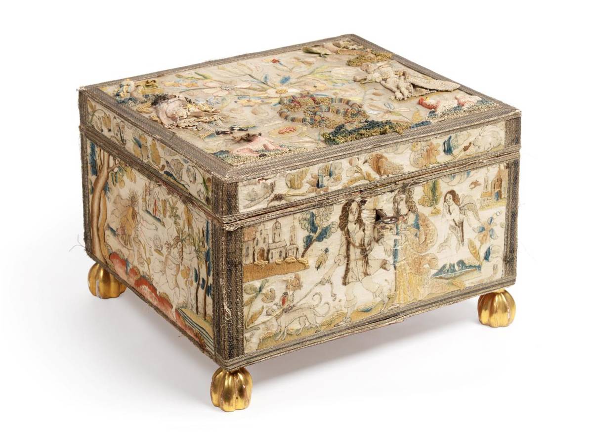 Lot 48 - A Needlework Casket, circa 1670, of rectangular form, the hinged cover worked in raised...