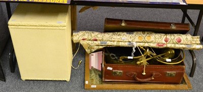 Lot 1019 - A wire mesh spark guard, two brass coal scuttles, Lloyd loom linen basket, fire irons, an oak...