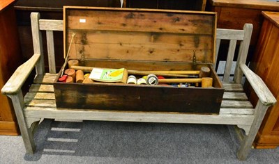 Lot 1032 - Garden bench, a croquet set and two large modern pictures