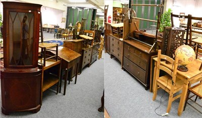 Lot 1033 - A large school desk, a card table, wooden fire screen, five assorted chairs, a piano stool,...