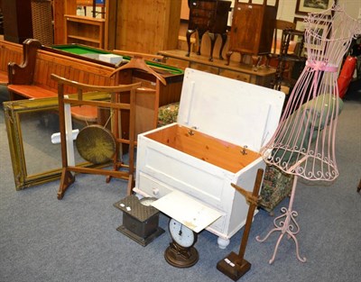 Lot 1045 - White painted chest, two sets of scales, a dress makers hem measuring stick, large dinner gong,...