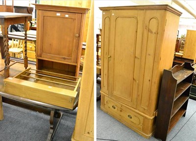 Lot 1059 - A Victorian pine single door wardrobe, pine wall cupboard, grained pine folding wall mounted airer