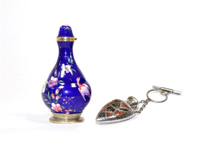 Lot 53 - A Viennese Enamel Pear Shaped Scent Bottle, painted with flowers on a blue ground, 8.5cm high;...