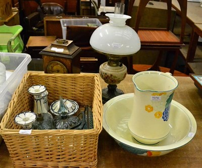 Lot 1076 - Inlaid mahogany mantel clock, oil lamp, Royal Doulton Kyle pattern part dressing wash set, jug...