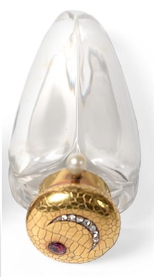 Lot 55 - A French Gold Mounted Glass Scent Bottle, of fluted heart shape, the hinged cover set with a...