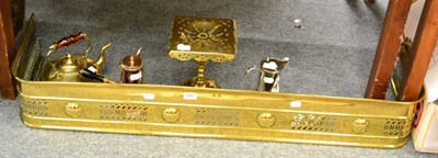 Lot 1087 - A brass fender with brass kettle and trivet, copper chocolate pot etc (6)