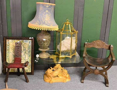 Lot 1095 - A lantern, fish table, eastern lamp, two chairs etc