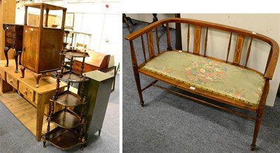 Lot 1099 - A Edwardian inlaid salon sofa, walnut pot cupboard, whatnot and a bedside chest (4)