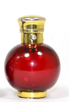 Lot 59 - A Late Victorian Gilt White Metal Ruby Glass Scent Bottle, of ovoid form with hinged cover and...
