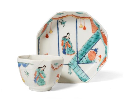 Lot 68 - A Chelsea Porcelain Octagonal Tea Bowl and Saucer, 1750-52, painted in Kakiemon style with the Lady