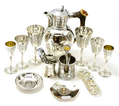 Lot 15 - Six small silver chalice cups, a small mug, a silver pin tray, a small silver dish and plated items