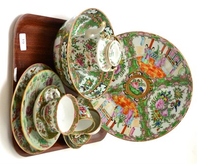 Lot 19 - A group of Cantonese famille rose porcelain including, bowl, plate, tea cups and saucers,...