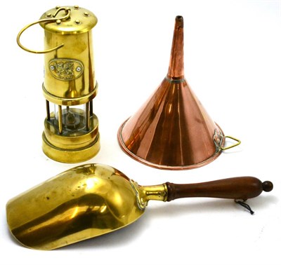 Lot 32 - A Welsh miner's lamp, a grain scoop and a copper funnel