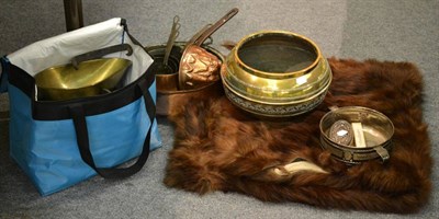 Lot 59 - A fur bedcover, brass and copper pans, silver backed brush, a Conway pen and a Victorian crown coin