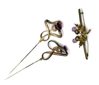 Lot 67 - A pair of Charles Horner silver hat pins in the form of thistles together with a silver thistle...