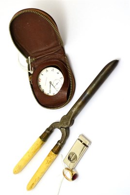 Lot 69 - Tavannes Watch Co pocket watch with leather case, cigar cutter, 9ct gold gents ring and hair...