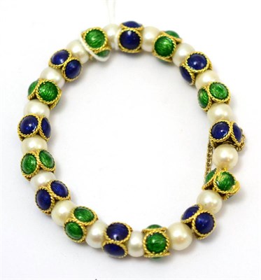 Lot 82 - An 18ct green and blue enamel and cultured pearl bracelet