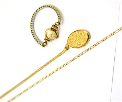 Lot 88 - A 9ct gold lady's wristwatch, 9ct gold locket and 9ct gold chain (3)