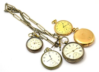 Lot 105 - A lady's silver fob watch, a gent's silver pocket watch, two silver watch chains and three...