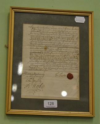 Lot 128 - Indenture signed by Fr Fawkes of Farnley, Yorkshire, 1704, with wax seal, mounted, framed and...