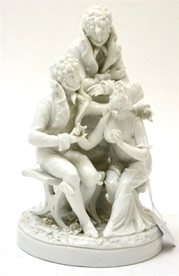 Lot 140 - A Sevres blanc de chine porcelain figure group of two gentlemen and a lady, with impressed...
