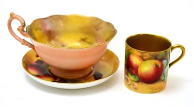 Lot 144 - Royal Worcester fruit painted coffee cup and saucer, Moseley and Price, and a further tea cup,...
