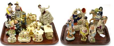 Lot 172 - A quantity of Continental porcelain figures, Staffordshire figurines, cottages, set of four...